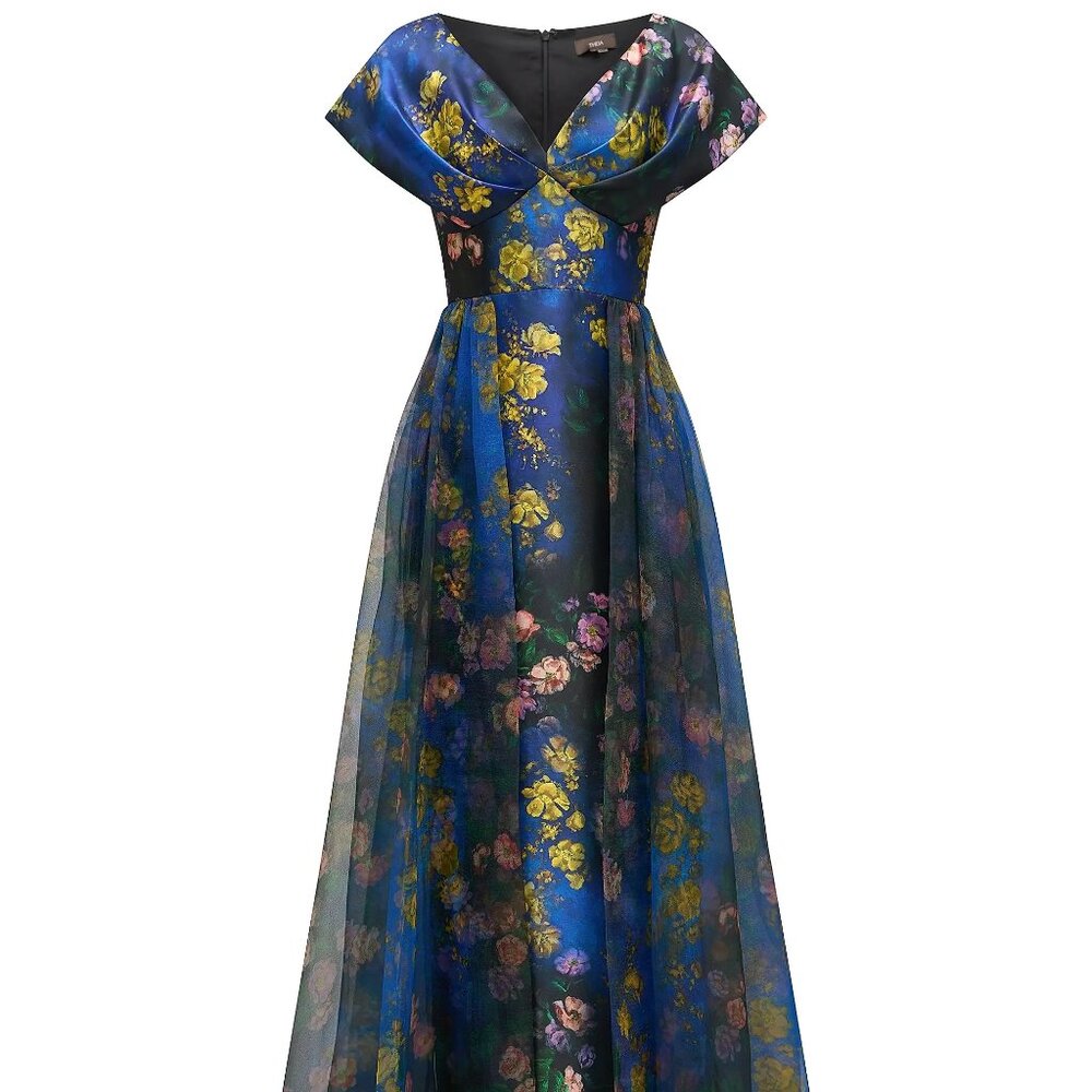 NWT Theia Nadia Draped Floral Mikado V-Neck Gown